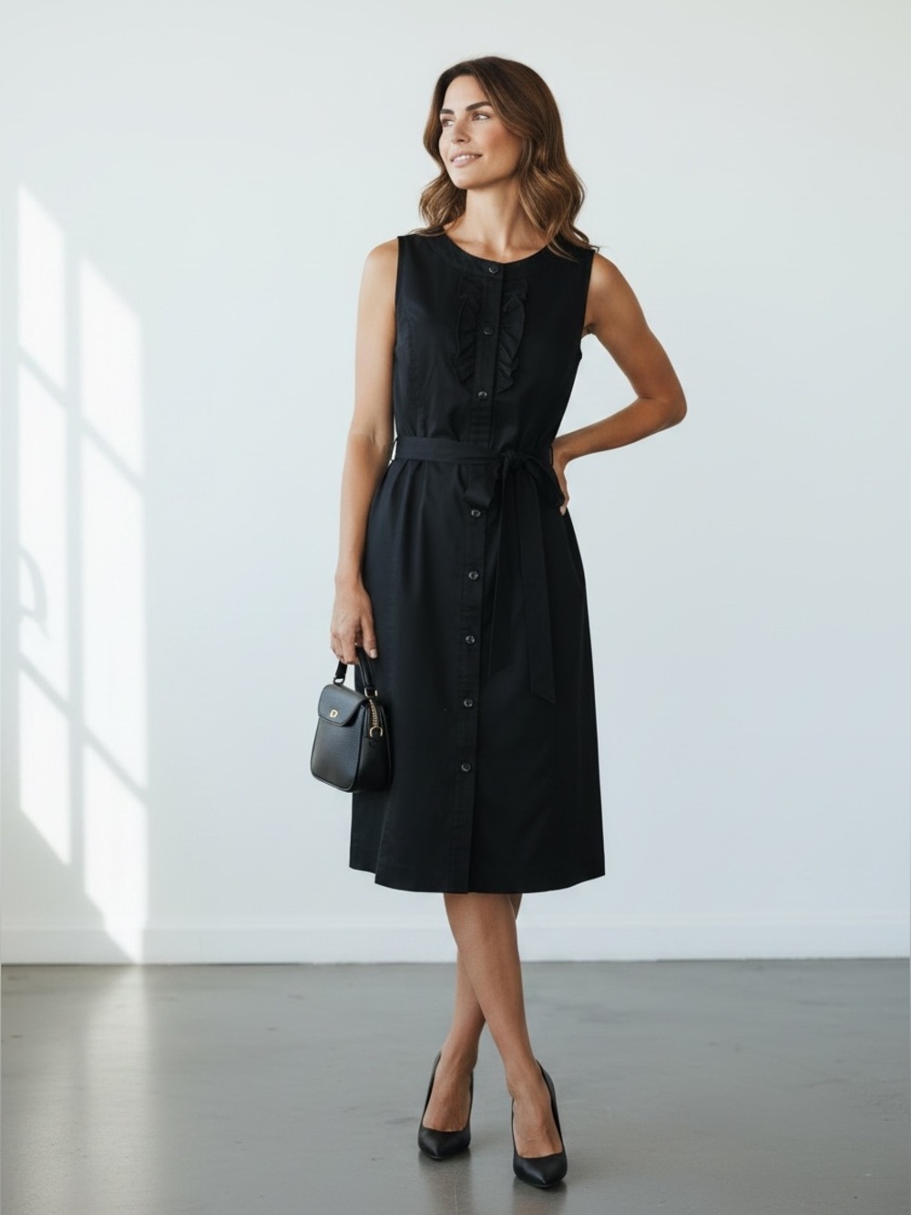 Talbots Black Cotton Stretch Tie Front Shirtdress Size 8